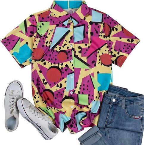 Women's 80s Short Sleeve T-Shirts Vintage Casual Button Down Shirts 80 90s Party Disco Hawaiian Party in Saudi Arabia