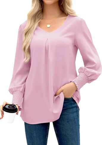 OMSJ Women's V Neck Smocked Cuffs Long Sleeve Dressy Casual Shirts Loose Chiffon Work Blouse Elegant Tops in Kuwait