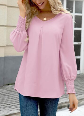 OMSJ Women's V Neck Smocked Cuffs Long Sleeve Dressy Casual Shirts Loose Chiffon Work Blouse Elegant Tops in Kuwait