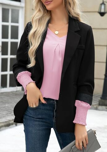 OMSJ Women's V Neck Smocked Cuffs Long Sleeve Dressy Casual Shirts Loose Chiffon Work Blouse Elegant Tops in Kuwait