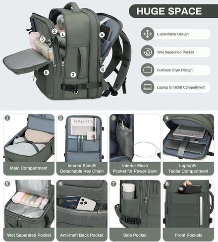 Travel Backpack for Men, 32L Expandable Carry On Flight Approved Backpack for Women 15.6inch Personal Item Travel Weekender Bag with Dry Wet Pocket, Green in Kuwait