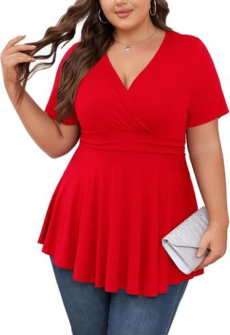 Women's Plus Size Tops Elegant Work Business Short Sleeve Empire Waist Blouses Tunics Babydoll Flowy Shirt in Saudi Arabia