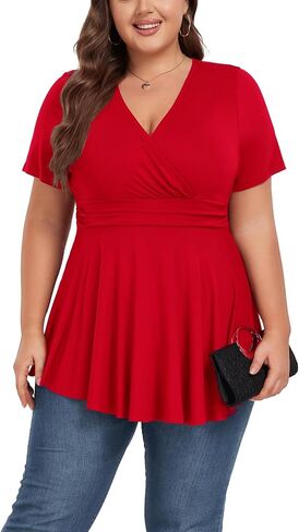Women's Plus Size Tops Elegant Work Business Short Sleeve Empire Waist Blouses Tunics Babydoll Flowy Shirt in Saudi Arabia
