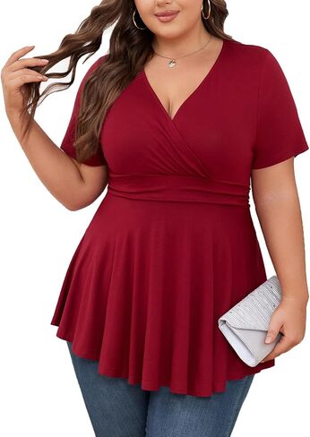 Women's Plus Size Tops Elegant Work Business Short Sleeve Empire Waist Blouses Tunics Babydoll Flowy Shirt in Saudi Arabia