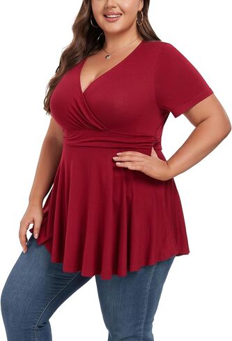 Women's Plus Size Tops Elegant Work Business Short Sleeve Empire Waist Blouses Tunics Babydoll Flowy Shirt in Saudi Arabia