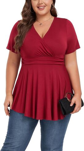 Women's Plus Size Tops Elegant Work Business Short Sleeve Empire Waist Blouses Tunics Babydoll Flowy Shirt in Saudi Arabia