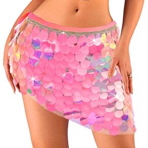 JEWEKY Sequin Belly Dance Skirt Sparkly Belly Dance Hip Scarf Wrap Short Skirts for Women
