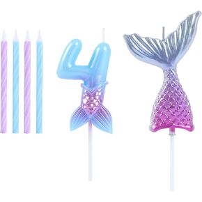 Mermaid 5 Birthday Candles Set Dreamy Blue Purple with 1 Pc Mermaid Tail and Happy Birthday Cake Toppers for Girls Happy 5th Mermaid Theme Birthday Party Supplies Decorations (7-Count)