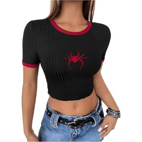 Verdusa Women's Goth Clothes Spiderman Crop Tops Round Neck Short Sleeve Ribbed Tank Tops Embroidery Contrast Trim T Shirt