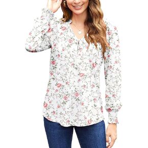 Newchoice Womens Puff Long Sleeve Shirts V Neck Buttons Ruffled Blouses Fall Trendy Dressy Casual Tops (M-3XL)