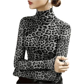 WDIRARA Women's Leopard Print See Through Mock Turtle Neck Long Sleeve T-Shirt Casual Slim Fit Top