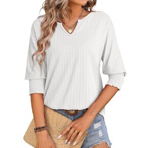 Dokotoo Tops for Women Trendy Casual Summer Basic T Shirts Lightwight 3/4 Sleeve Textured Solid V Neck Tees Blouses