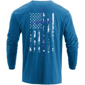 H HYFOL Men's Graphic T-Shirts USA Flag 100% Cotton Long Sleeve American Patriotic Crewneck Regular Tee Shirts(Vallarta Blue,XL
