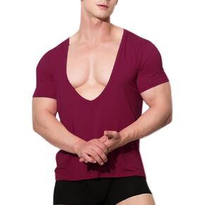 Men's Modal Soft & Stylish Deep V-Neck Short Sleeve Tee Shirt with Low Cut & Slim Fit & Stretch