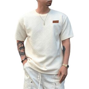 Men's Letter Patched Textured Summer Tee Tops Crewneck Short Sleeve Basic T Shirts