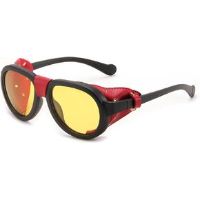 FEISEDY Steampunk Sunglasses Women Men，Polarized Yellow Lens, Retro Round Vintage Frame Leatherwear B0159