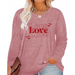 Plus Size O-Neck Women Love Graphic Printed Valentine's Day Shirt Gift Casual Top Long Sleeve Tshirt Tunics