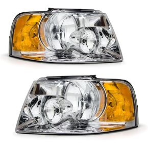 for 2003 2004 2005 2006 Ford Expedition Headlight Assembly compatible with 03-06 Ford Expedition Chrome Housing Amber Reflector Headlamp Replacement Left and Right Pair
