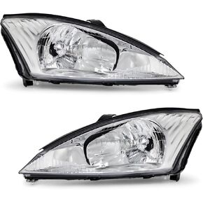 2000-2004 Ford Focus Headlight Assembly for 2000 2001 2002 2003 2004 Ford Focus Clear Lens Chrome Housing with Clear Reflector Headlamp Replacement Left and Right Pair
