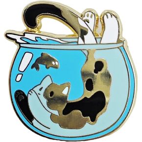 Fish Bowl Enamel Pin with Naughty Cat Catching Fish, Cute Animal Brooch, Lapel Pins for Cat Lovers