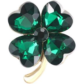 Green Hearted Rhinestone Clover Leaf Brooch Pin for Women Girls Unisex Gold Plated Fashion Crystal Flower Brooches Lapel Pins Lucky Decor Dress Accessories St Patrick's Day Holiday Festival Party Jewelry Gift