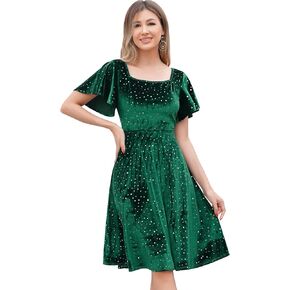 ABAFIP Women Velvet Ruffle Short Sleeve Square Neck Glitter Swing Cocktail Party Vintage 1950s A-Line Dress