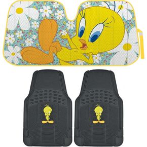 BDK Warner Bros Tweety Bros All Weather Windshield Sun Shade & 2pc Front Rubber Floor Mats Car Accessories Set - UV Block Accordion Folding 58 x 27 in - Anti Slip, Heavy Duty