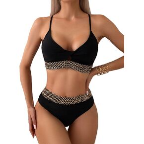 Verdusa Women's Bikini Set High Waisted V Neck Two Pieces Swimsuits
