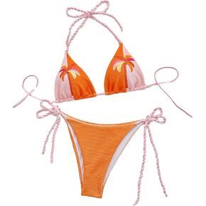 Women's Palm Tree Printed Summer Bathing Suit Colorblock High Waist Swimsuit Bikinis Set