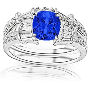 1.83 Carat t.w 14K White Gold Baguette And Round Brilliant Diamond Engagement Ring and Wedding Band Set w/a 1 Carat Cushion Cut Blue Sapphire Heirloom Quality