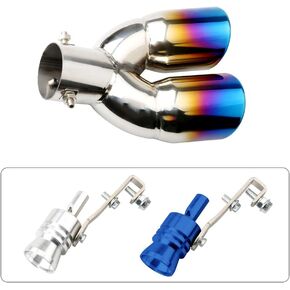Sakali 2.5 inch Inlet Dual Exhaust Tip Stainless Steel Polished Muffler Tail Universal Bolt-On Double Outlet Tail Pipe with 2 Aluminum Turbo Sound Whistle (Black,Curved)