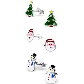 925 Sterling Silver Set of 3 Pairs Christmas Set Tree Santa Clause Snowman w/Scarf Stud Earrings (Nickel Free)
