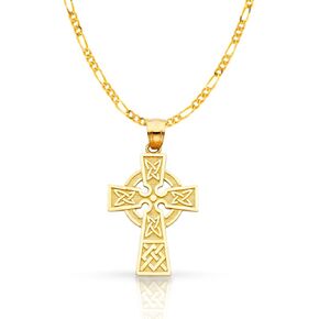 14K Yellow Gold Celtic Cross Pendant with 1.9mm Figaro 3+1 Chain Chain Necklace