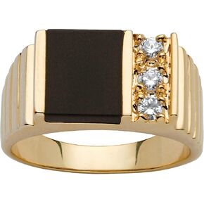PalmBeach Men's Yellow Gold-Plated Emerald Cut Natural Black Onyx and Round Cubic Zirconia Ring Sizes 8-13