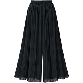 Women's Elastic Waist Pleated Chiffon Culottes Cropped Wide Leg Flowy Pants