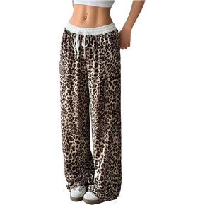 Women's Y2k Leopard Print Pants Drawstring Waist Wide Leg Loose Long Trousers Hip Hop Pants Streetwear
