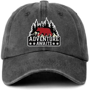Funny Hiking Hats Adventure Awaits Forest Bear Printed Baseball Caps Classic Cotton Adjustable Baseball Hats for Men Women Trendy Camping Accessories Gifts for Hiker Camper Trucker Friend