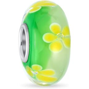 Murano Glass .925 Sterling Silver Core Floral Blue Green Pink Red Black White Flower Spacer Charm Bead Fits European Bracelet For Women Teen