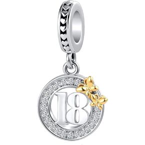 18th Happy Birthday Charms for Pandora Bracelet Necklace Gold Plated Butterfly Dangle Bead for Friend