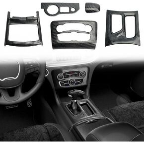 for Dodge Charger 2015-2023 Gear Shift Panel Trim, Central Control A/C Cover & Cup Holder Headlight Switch Button Panel Cover Trim, Black Carbon Fiber Particulate Material