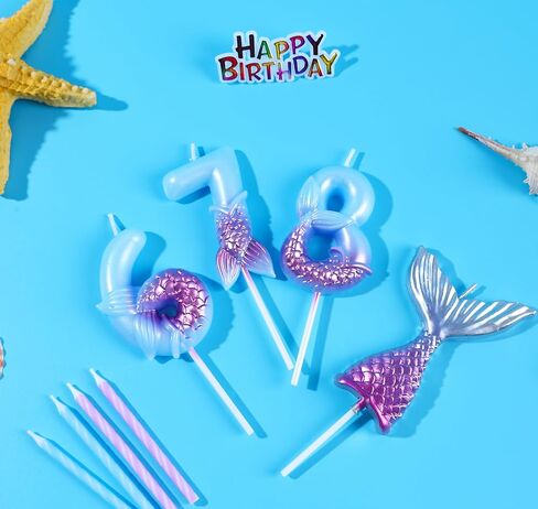 Mermaid 5 Birthday Candles Set Dreamy Blue Purple with 1 Pc Mermaid Tail and Happy Birthday Cake Toppers for Girls Happy 5th Mermaid Theme Birthday Party Supplies Decorations (7-Count) in Saudi Arabia