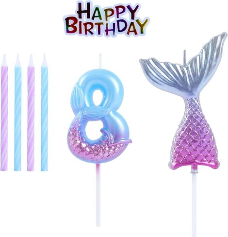 Mermaid 5 Birthday Candles Set Dreamy Blue Purple with 1 Pc Mermaid Tail and Happy Birthday Cake Toppers for Girls Happy 5th Mermaid Theme Birthday Party Supplies Decorations (7-Count) in Saudi Arabia