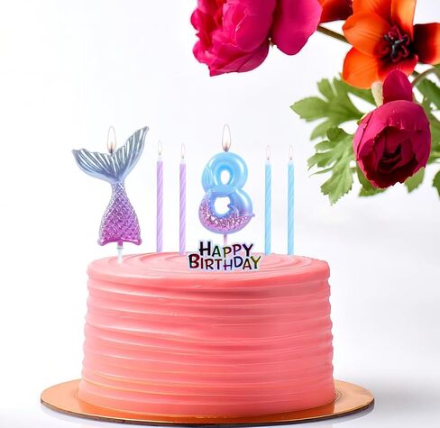 Mermaid 5 Birthday Candles Set Dreamy Blue Purple with 1 Pc Mermaid Tail and Happy Birthday Cake Toppers for Girls Happy 5th Mermaid Theme Birthday Party Supplies Decorations (7-Count) in Saudi Arabia