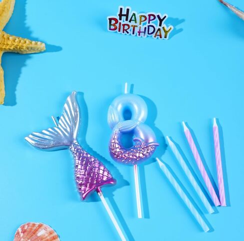 Mermaid 5 Birthday Candles Set Dreamy Blue Purple with 1 Pc Mermaid Tail and Happy Birthday Cake Toppers for Girls Happy 5th Mermaid Theme Birthday Party Supplies Decorations (7-Count) in Saudi Arabia