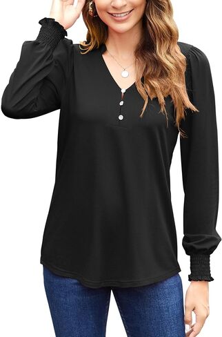 Newchoice Womens Puff Long Sleeve Shirts V Neck Buttons Ruffled Blouses Fall Trendy Dressy Casual Tops (M-3XL) in Saudi Arabia