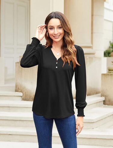 Newchoice Womens Puff Long Sleeve Shirts V Neck Buttons Ruffled Blouses Fall Trendy Dressy Casual Tops (M-3XL) in Saudi Arabia