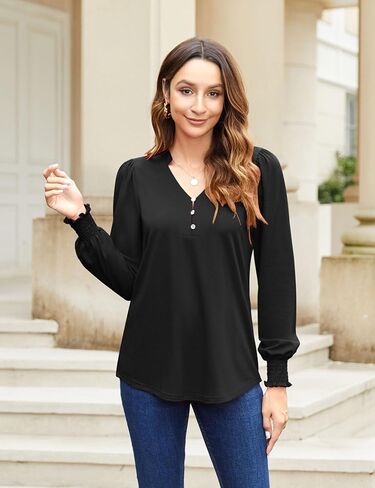 Newchoice Womens Puff Long Sleeve Shirts V Neck Buttons Ruffled Blouses Fall Trendy Dressy Casual Tops (M-3XL) in Saudi Arabia