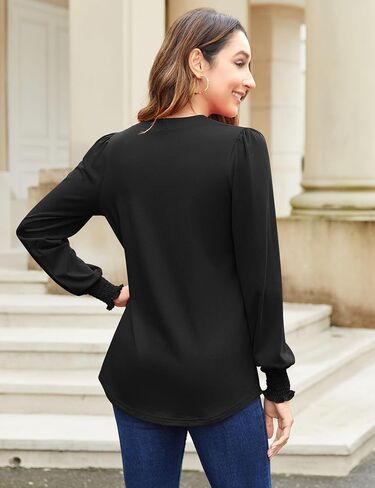 Newchoice Womens Puff Long Sleeve Shirts V Neck Buttons Ruffled Blouses Fall Trendy Dressy Casual Tops (M-3XL) in Saudi Arabia