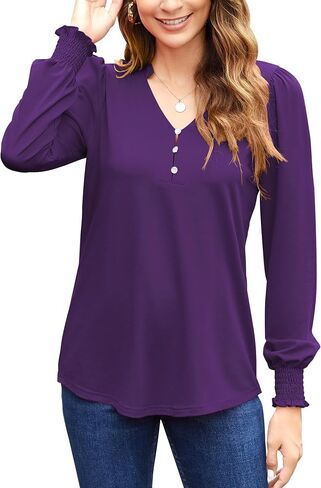 Newchoice Womens Puff Long Sleeve Shirts V Neck Buttons Ruffled Blouses Fall Trendy Dressy Casual Tops (M-3XL) in Saudi Arabia