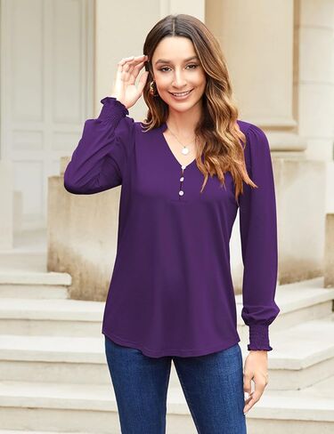 Newchoice Womens Puff Long Sleeve Shirts V Neck Buttons Ruffled Blouses Fall Trendy Dressy Casual Tops (M-3XL) in Saudi Arabia